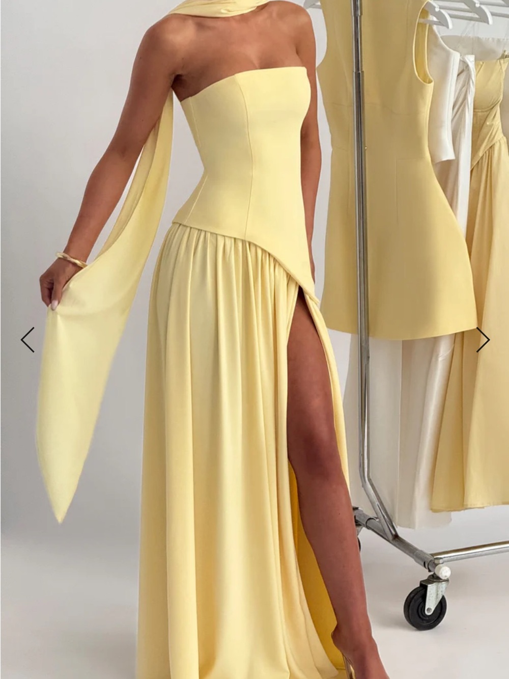 BABYBOO Strapless Butter Yellow High-Slit Evening Gown